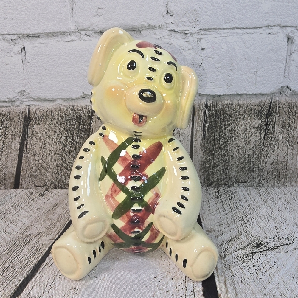 VINTAGE CERAMIC STITCHED DOG FIGURINE CREAM GREEN MAROON WHIMISCAL